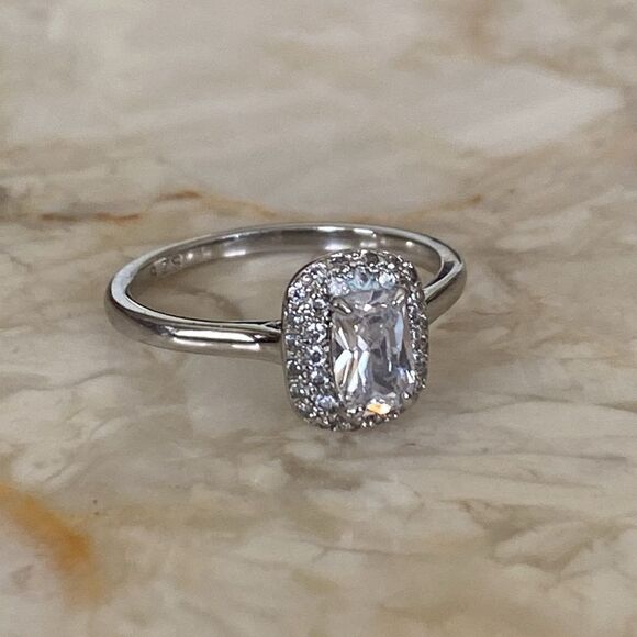 925 Sterling Silver & Cubic Zirconia Emerald Cut Halo Ring - Picture 2 of 9